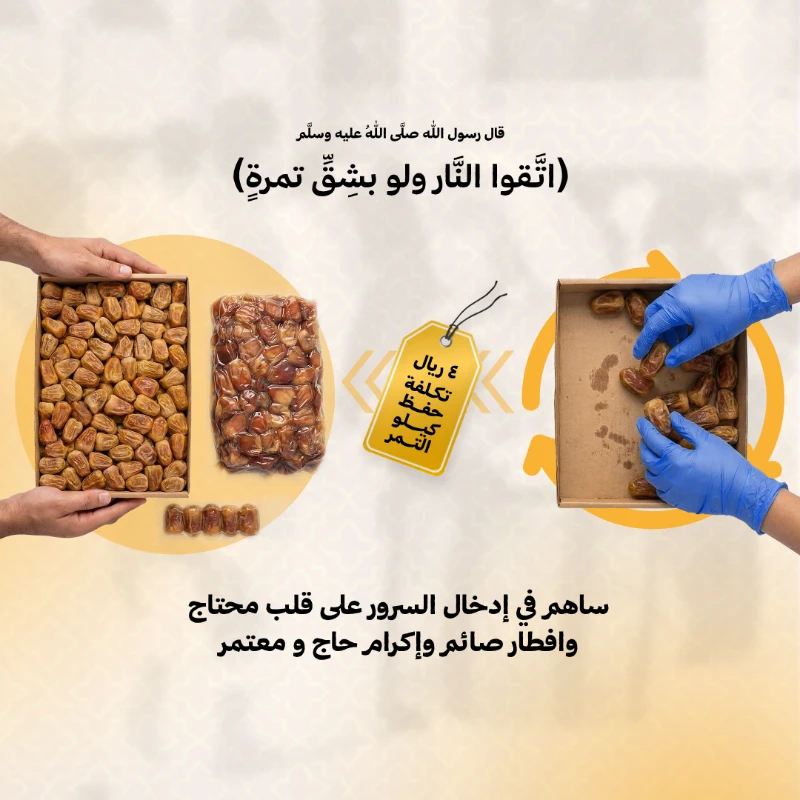 يهدف مشروع العناية بفائض التمور إلى جمع فائض التمور من المزارع وتهيئته وفق أفضل معايير الأمن والسلامة الغذائية ثم توزيعه على المستفيدين في مكة المكرمة ومختلف مناطق المملكة ليصل الخير إلى مستحقيه بدل أن يكون عرضة للهدرينفذ المشروع بالتنسيق مع وزارة البيئة والمياه والزراعة بما يضمن تنظيم عمليات الجمع والاستفادة من الفائض بطريقة نظامية ومنةأهداف المشروعتوفير التمور للأسر والمستفيدين طوال فترة التنفيذتخفيف الأعبا المالية عن مختلف فئات المجتمعتعزيز دور الجمعية في خدمة المجتمع وتحقيق التكافلنطاق وأثر المشروعإجمالي الكمية المستهدفة 200000 كيلو من التمورعدد المستفيدين المتوقع 400000 مستفيدنطاق التنفيذ كافة مناطق المملكةتكلفة الحفظ والتوزيع2 ريال لكل مستفيدتشمل الجمع الحفظ التهيئة والتوزيعمساهمتك في هذا المشروع تعني تحويل فائض التمور إلى غذا نافع يصل إلى مئات اللاف من المستفيدين ويسهم في حفظ النعمة وتحقيق أثر مجتمعي واسع خلال عام كامل